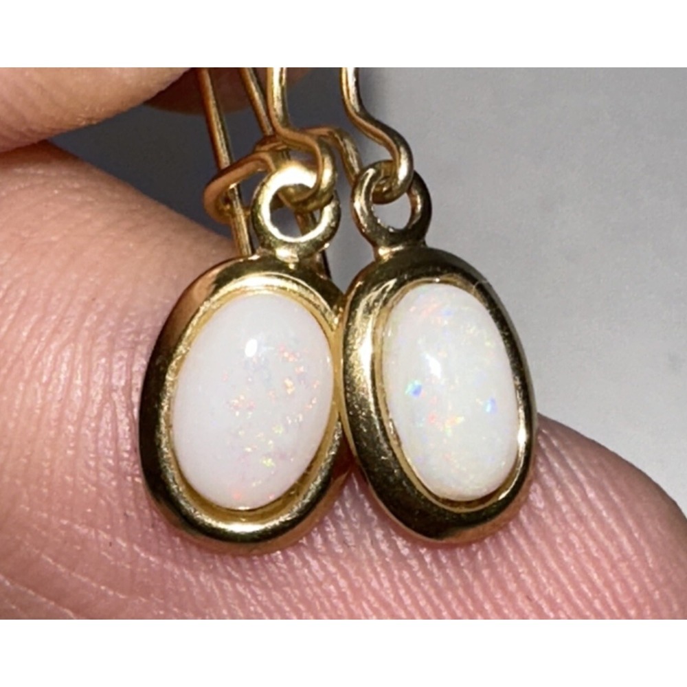 Fire Opal Dangle Hook Earrings Gold Oval Daity Unmarked